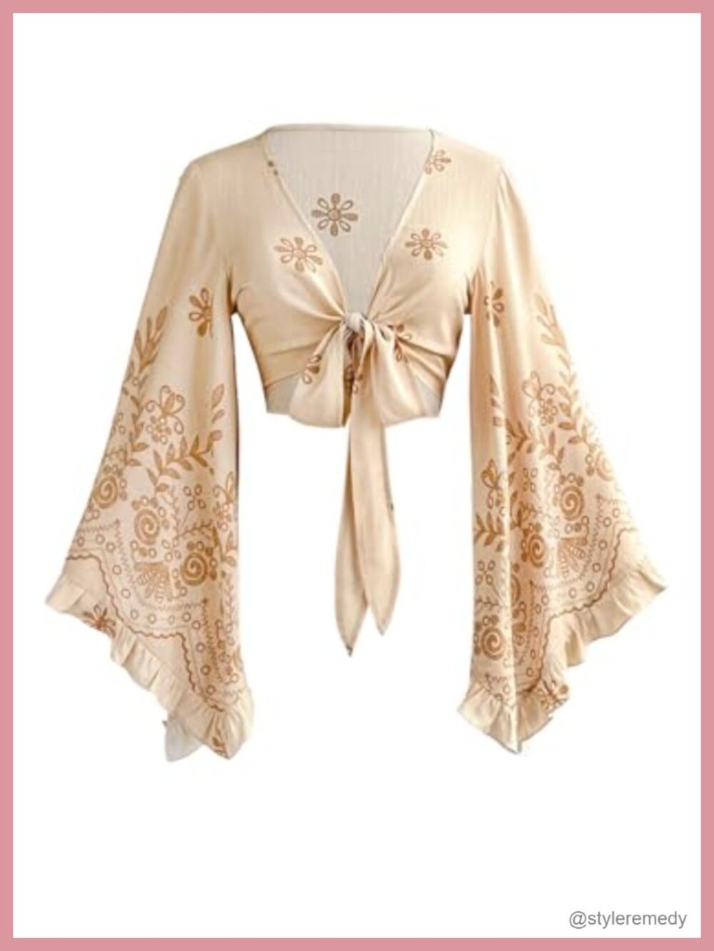 Boho Floral Tie Front Bell Sleeve Crop Top Women's V-Neck Long Sleeve